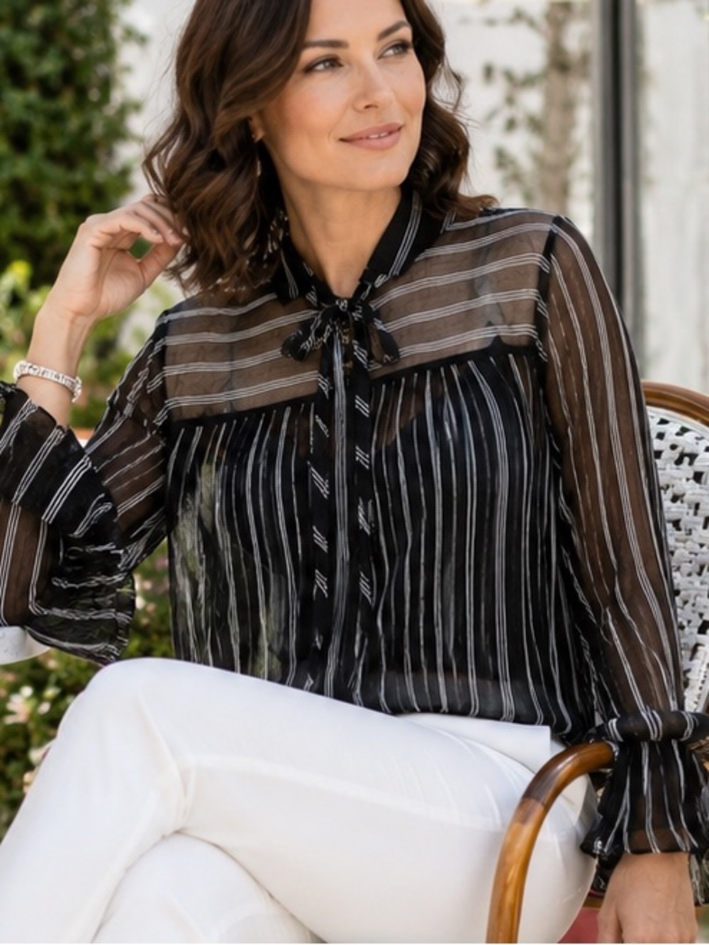 Agnes & Dora Pleated Bell Sleeve Sheer Stripe Blouse Tie Neck Top NWT M